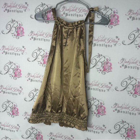 Smart set Silky Brown gold top cinched sexy ribbon tie with Ruffle halter - Picture 2 of 6